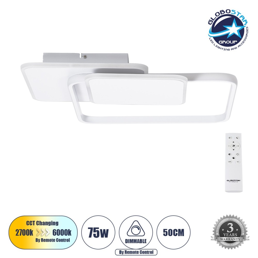 GLOBOSTAR® SQUARO 61232 Μοντέρνο Φωτιστικό Οροφής LED 75W 8400lm 360° AC 220-240V IP20 Ρυθμιζόμενο Λευκό CCT με Χειριστήριο από 2700K έως 6000K Dimmable - Lumileds SMD Chip - Λευκό Ματ - Μ48.5 x Π51 x Υ9cm - 3 Χρόνια Εγγύηση